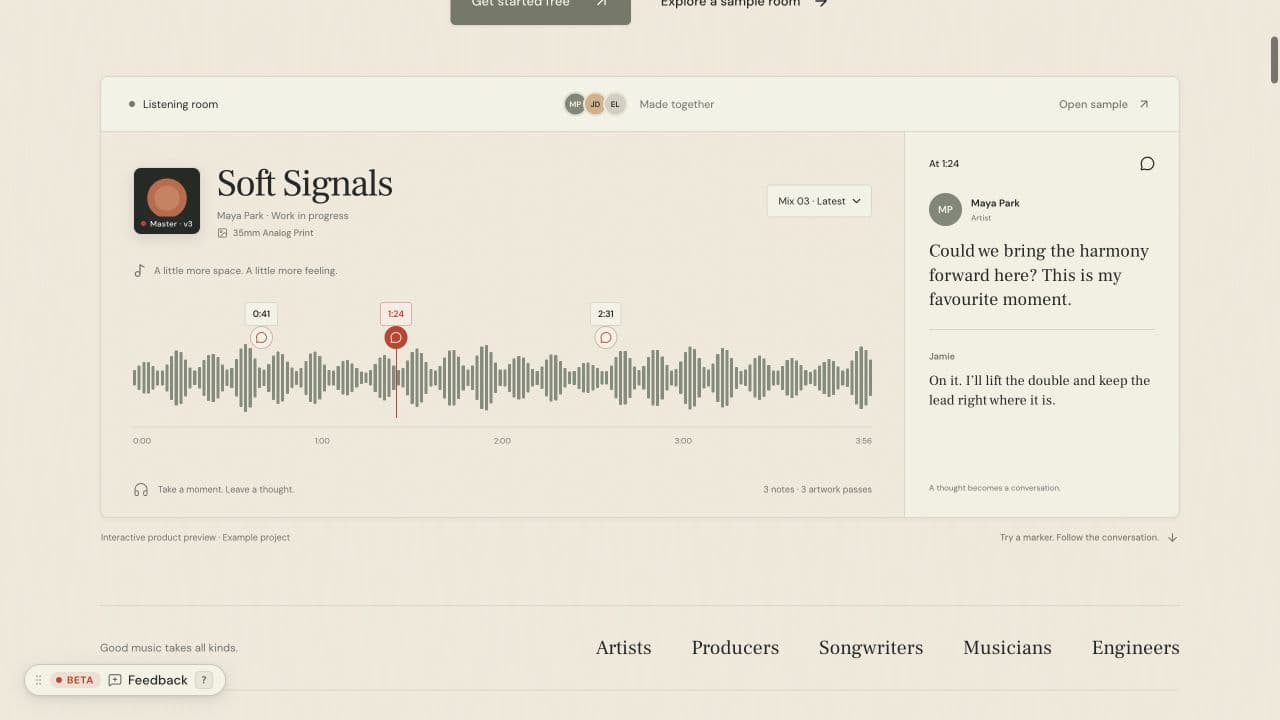 MixPass’s sample listening room with audio versions and feedback