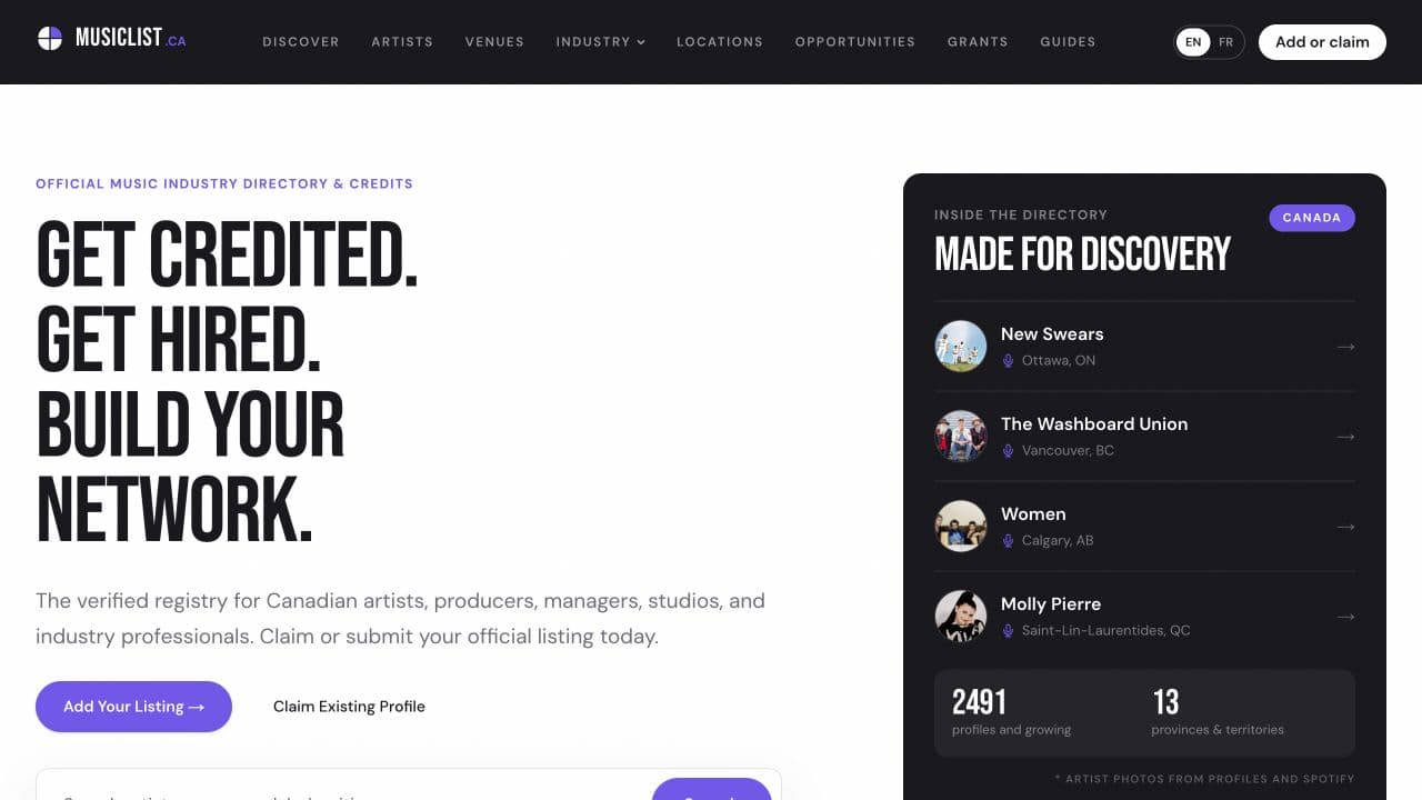 MusicList’s public Canadian music directory