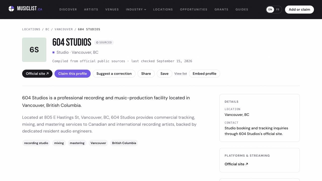 MusicList’s public 604 Studios profile showing its Sourced label, last-checked date, official link, claim action, and correction action.