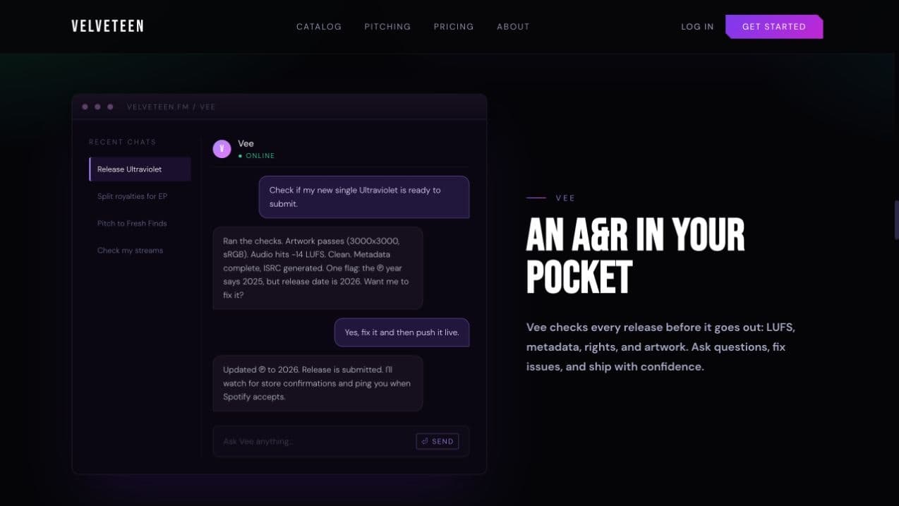 Velveteen’s public Vee product-tour illustration with a scripted release-readiness conversation.